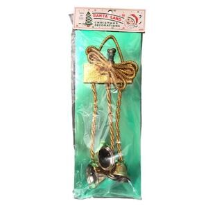Vintage NOS "Santa Land" Gold Christmas Ornament Bells on Cord Japan 1960s 1970s
